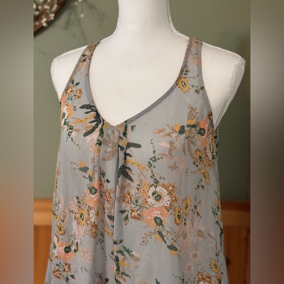 Anthro MAEVE Floral Sheer Sleeveless Tunic Gray Peach Ruffle Size Small - Picture 2 of 11